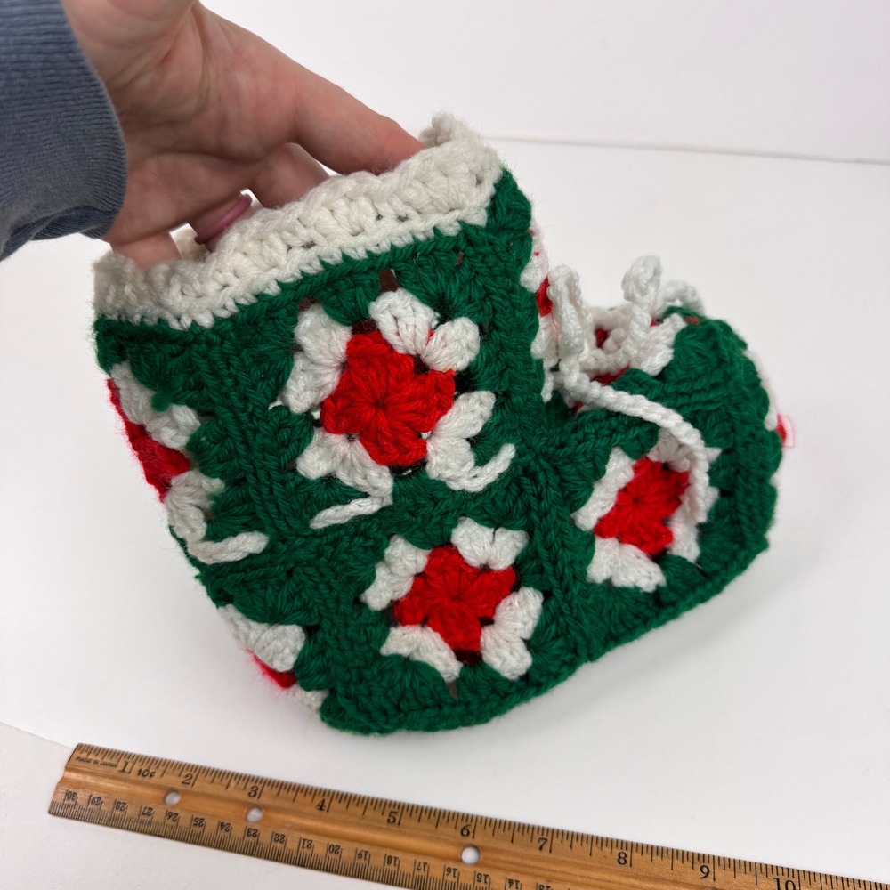 Vtg Small‎ Granny Square Red Green White Yarn Christmas Holiday Stocking Decor